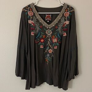 Johnny Was Charcoal Blouse with Colorful Embroidery